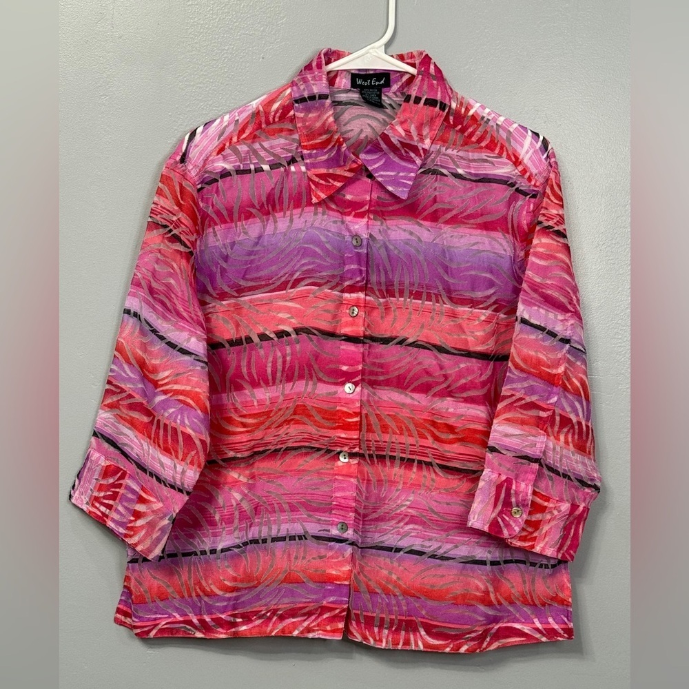 #12)  Vivid Red Women's  Sheer Button Down Shirt - Pink and Purple